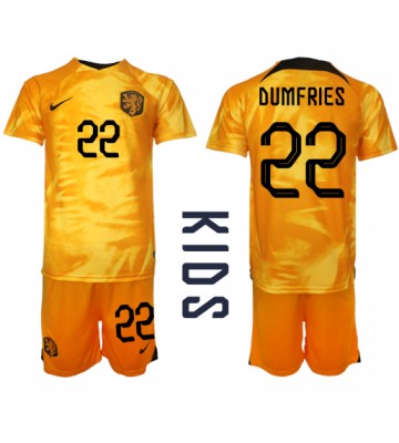 Lacne Dětský Futbalové dres Holandsko Denzel Dumfries #22 MS 2022 Krátky Rukáv - Domáci (+ trenírky)
